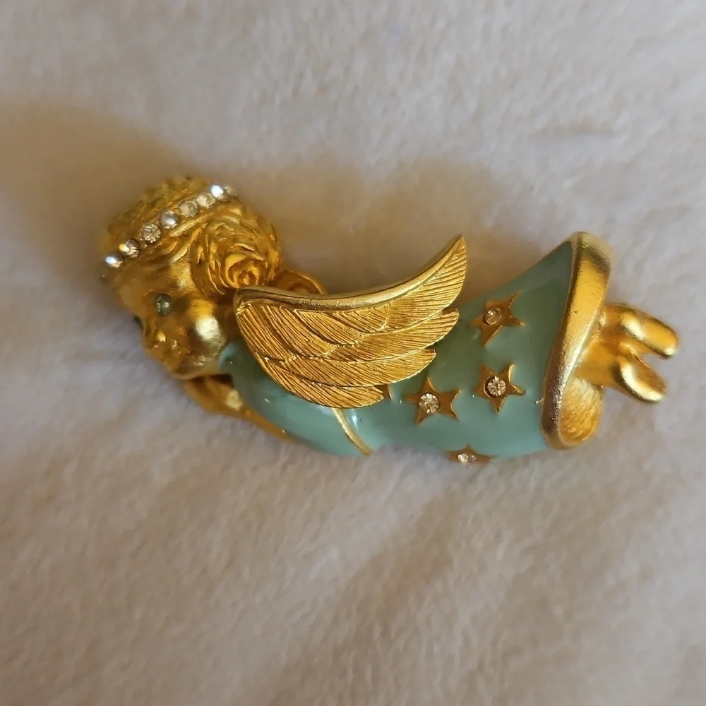 Vintage Goldtone and Mint Cherub Star Angel Brooch